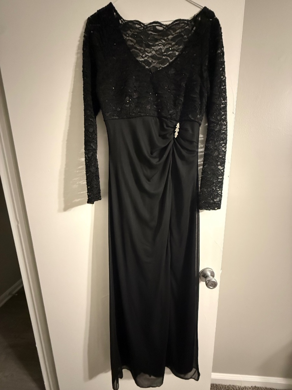 Black Lace Long Sleeve Formal Evening Maxi Dress Rhinestone Detail